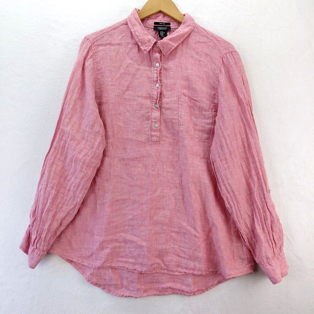 Jones & Co Linen Shirt Womens XL Coral Pink Roll Tab Beachy Henley Button Up Top